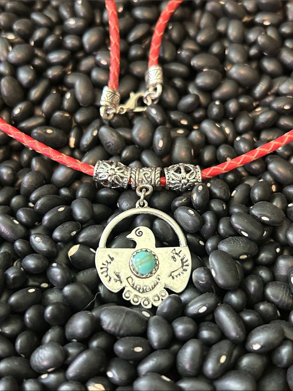 Red Braided Leather Necklace with Silver Bird Pendant and Turquoise Accent